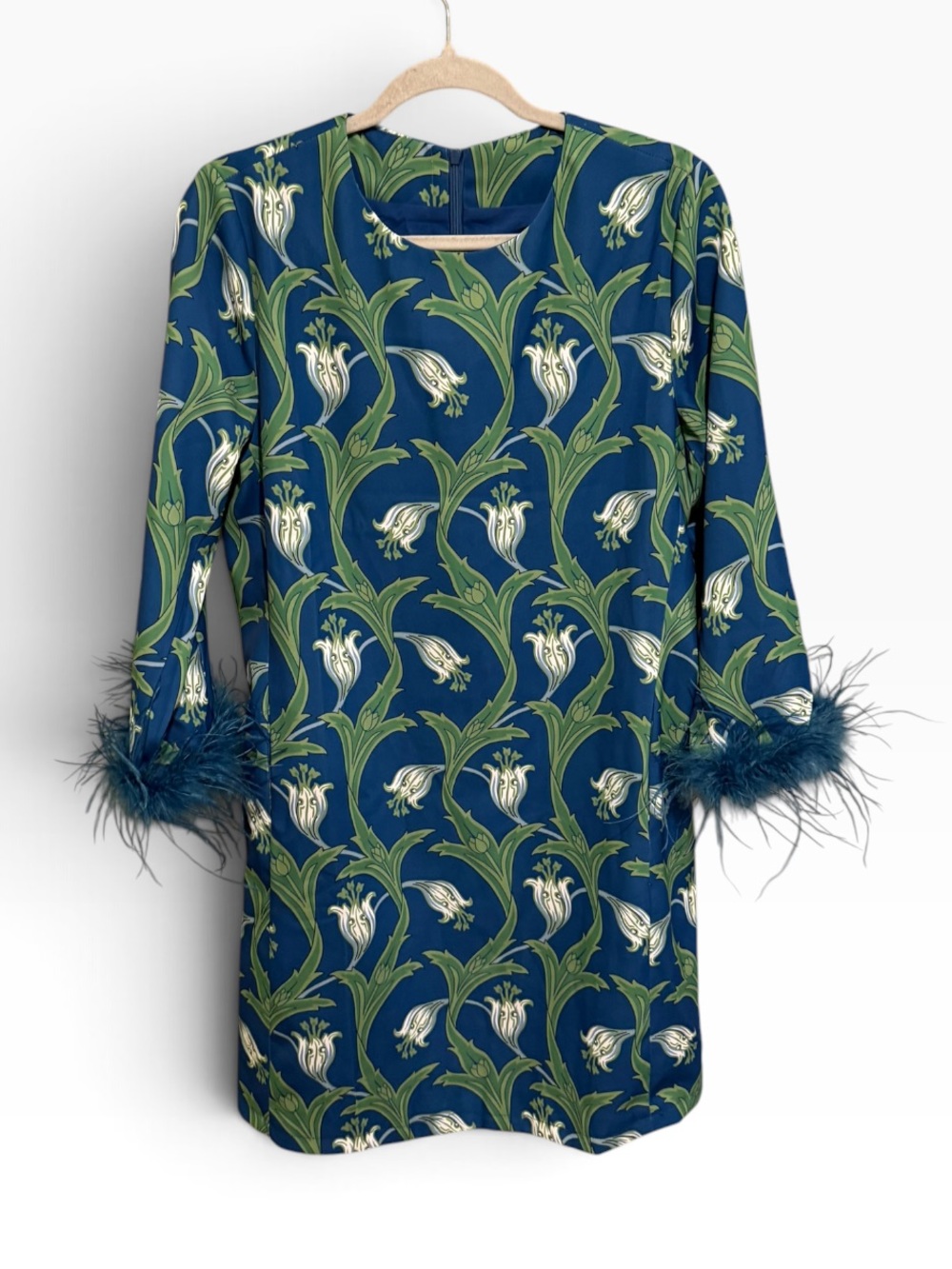 NWOT Blue & Green Floral Shift Dress with Feather-Trim Cuffs - Size Medium - Picture 3 of 5
